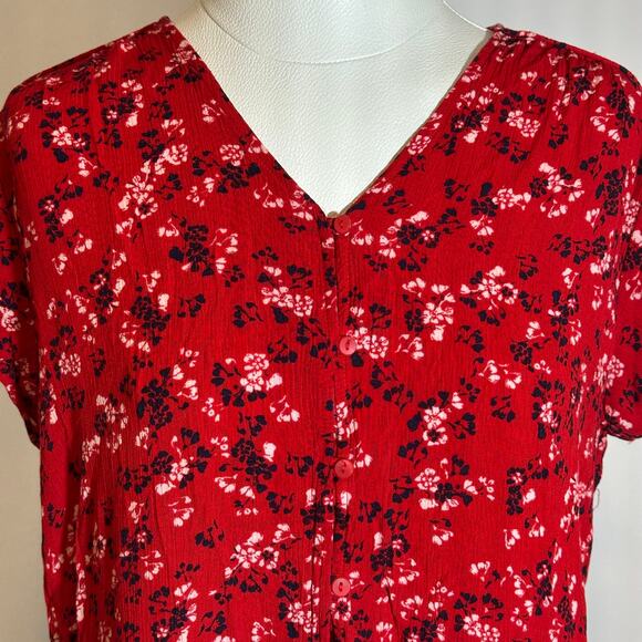 Liz Claiborne Red Floral Short Sleeve Button Up Gauze Blouse Womens Size Large L - Picture 2 of 8